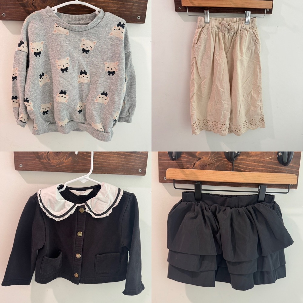 H&M Girls 4pc Bundle Cat Sweatshirt Peter Pan Cardigan Eyelet Pants Ruffle Skirt